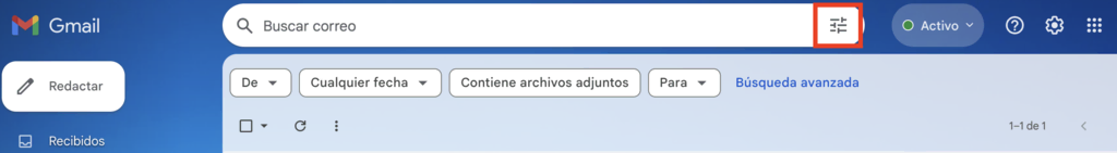 Opción Mostrar opciones de búsqueda de Gmail