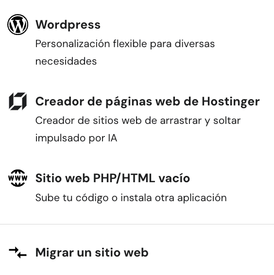 Opciones de creación/migración de hPanel