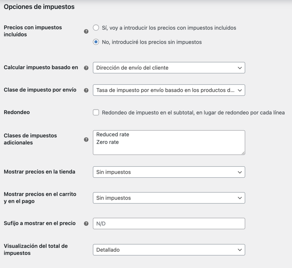 Opciones de impuestos de WooCommerce