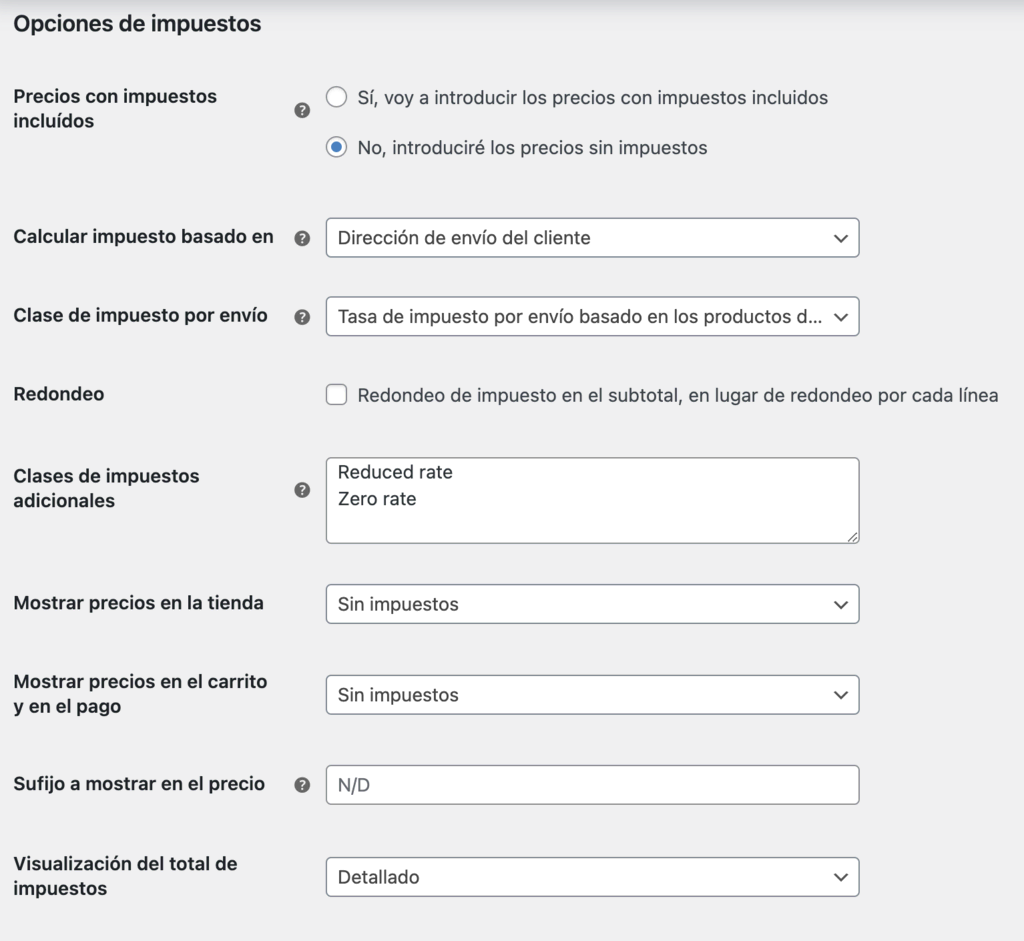 Opciones de impuestos de WooCommerce