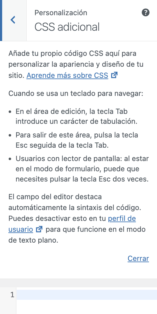Seccion de personalizacon de CSS adicional en WordPress