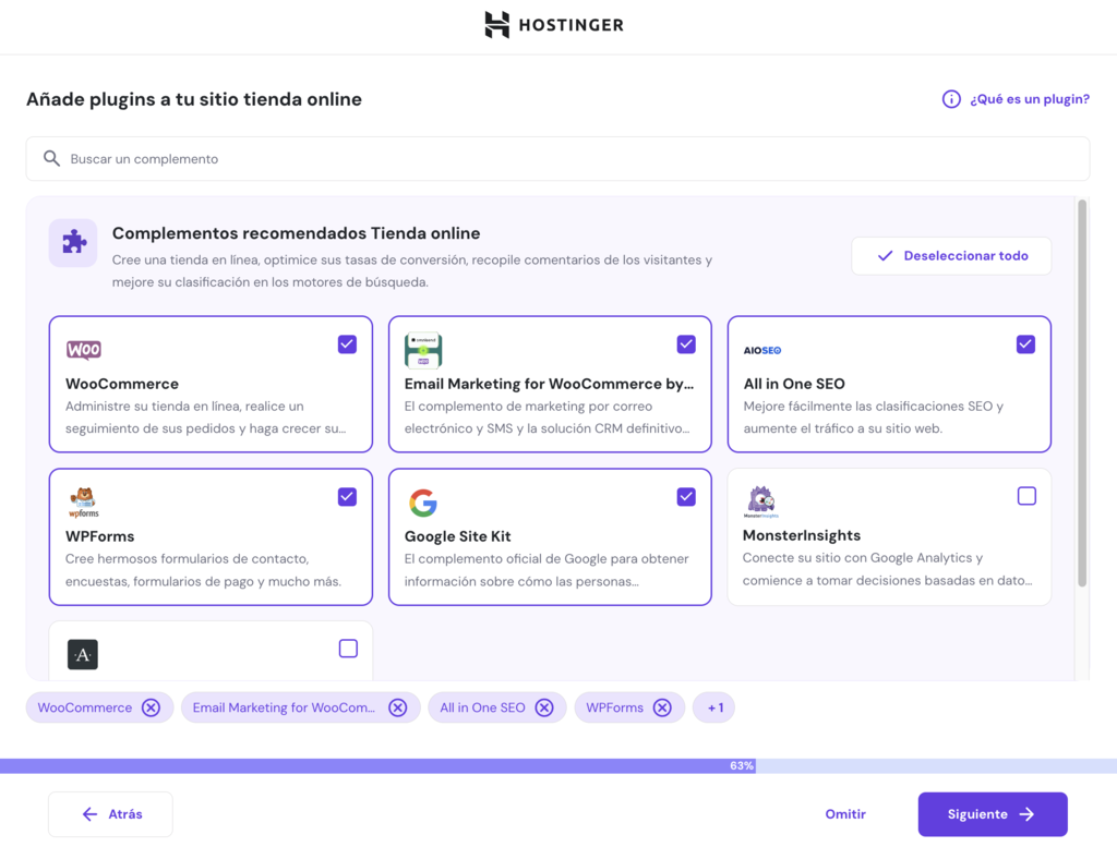 Plugins preseleccionados de hPanel