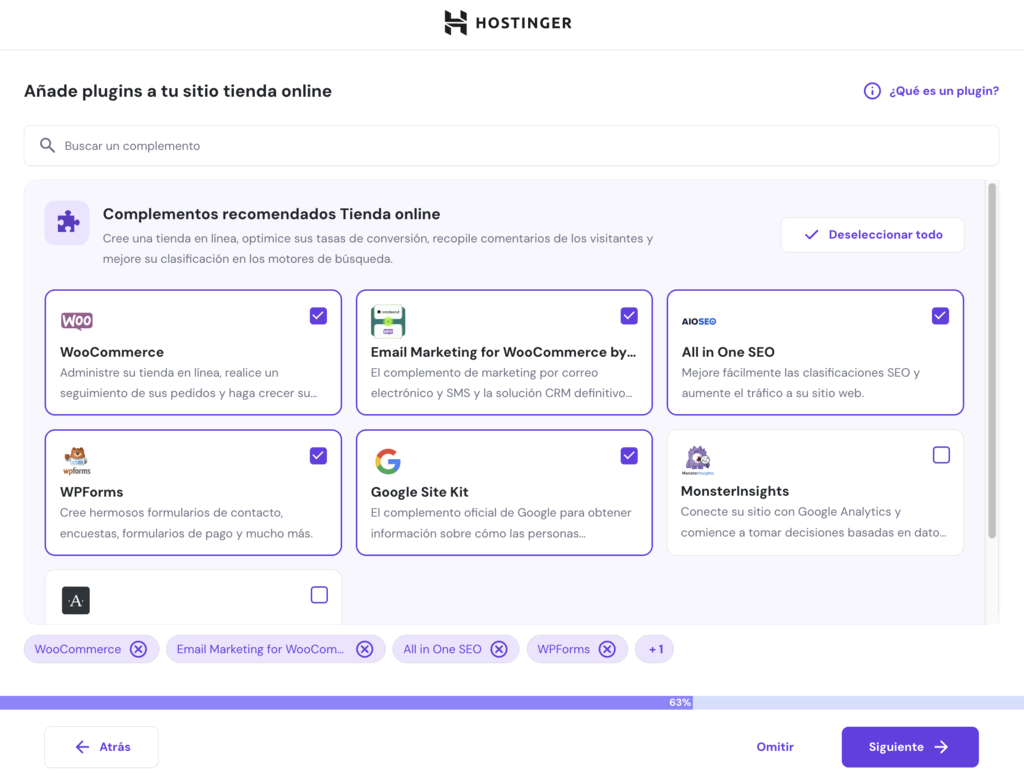 Plugins preseleccionados de hPanel