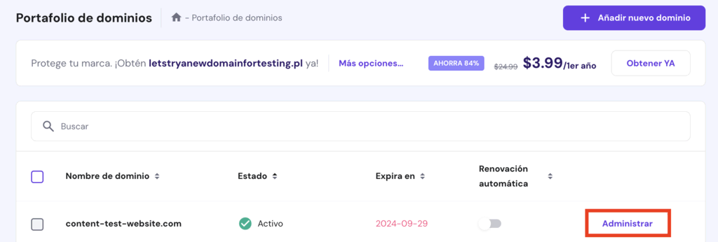 Portafolio de dominios en hPanel