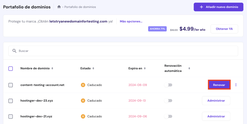 Portafolio de dominios en hPanel