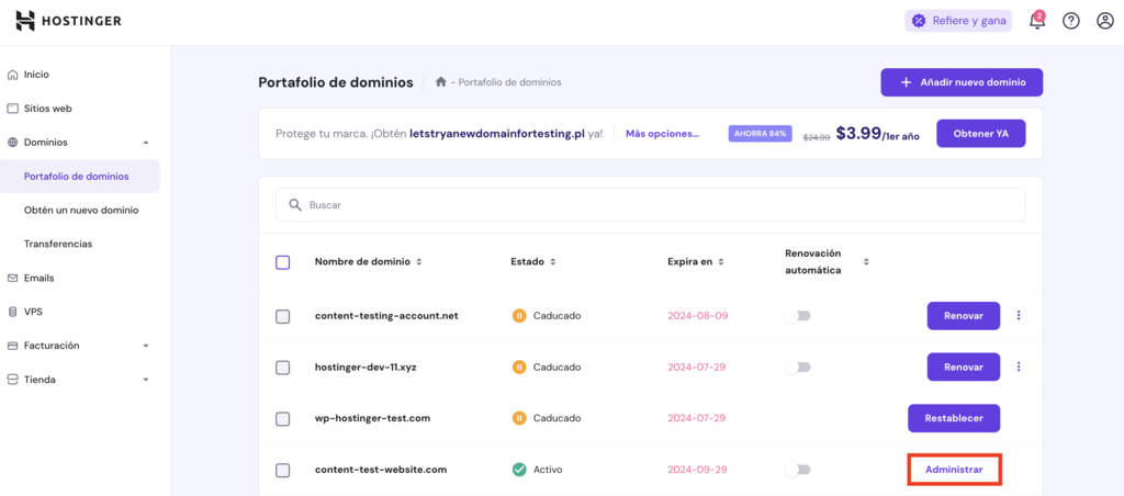 Portafolio de dominios en hPanel