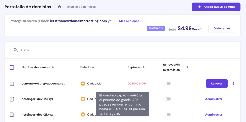 Portafolio de dominios en hPanel