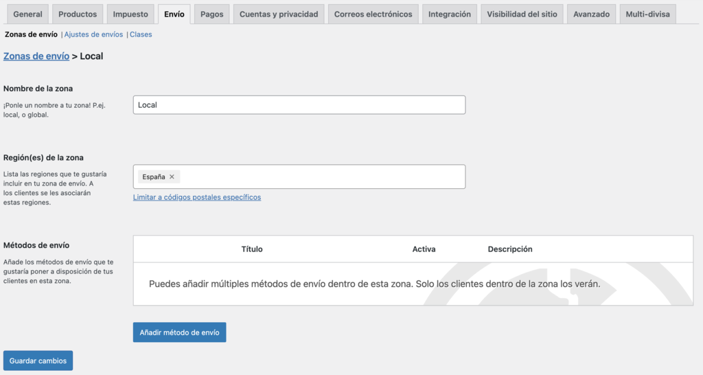 Sección de envios de WooCommerce