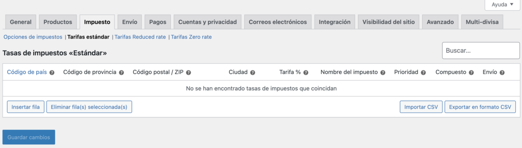 Sección de impuestos de WooCommerce