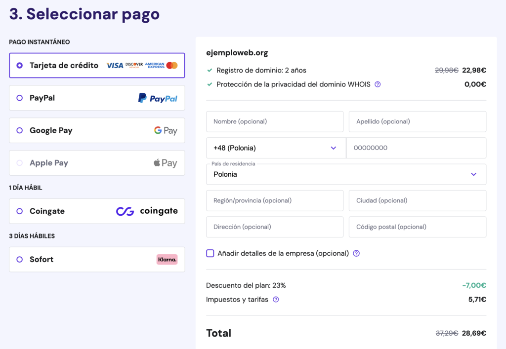 Seleccionar método de pago en Hostinger