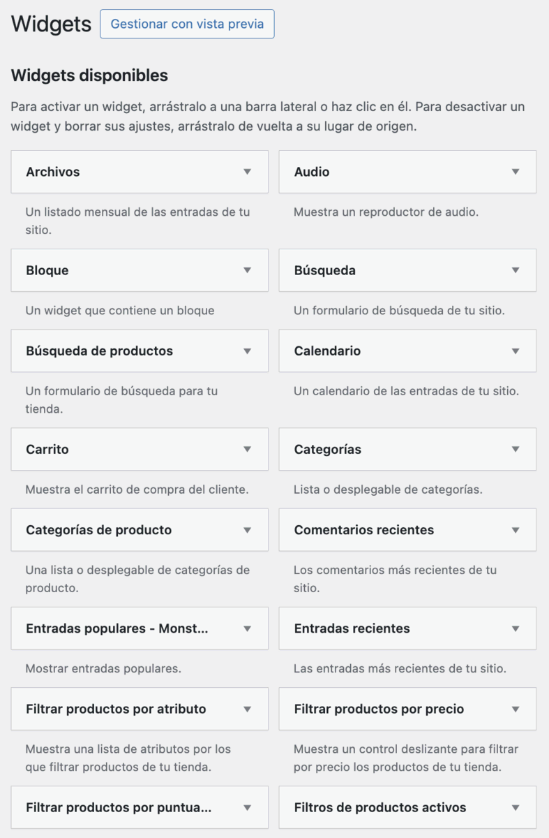 Ventana de widgets disponibles de WordPress