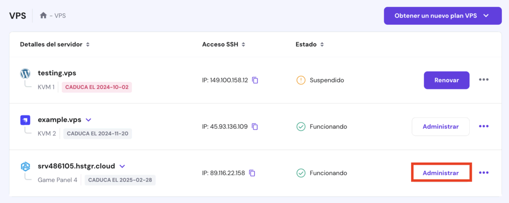 Sección de VPS de hPanel