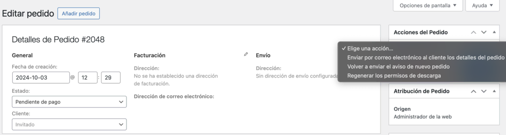 Acciones del pedido en WooCommerce