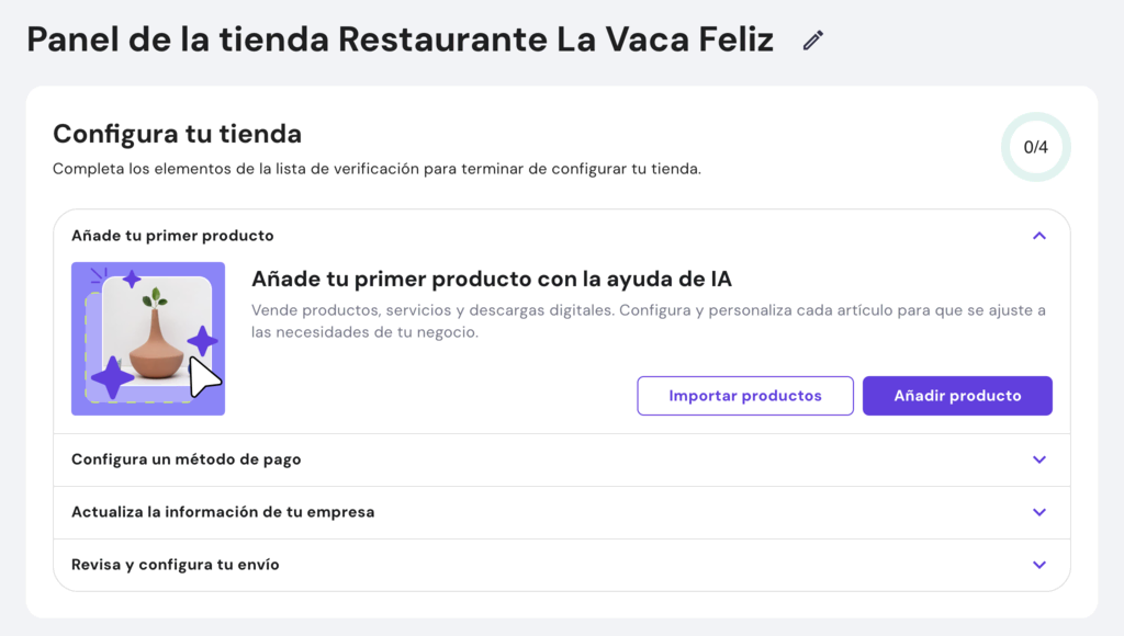 Ajustes iniciales de la tienda del Creador de Hostinger