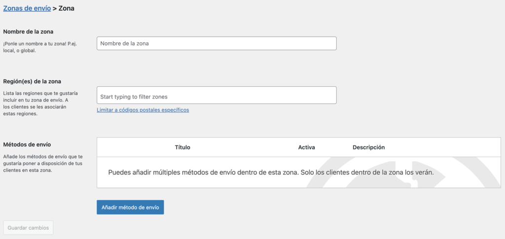 Ajustes de zona de envío de WooCommerce