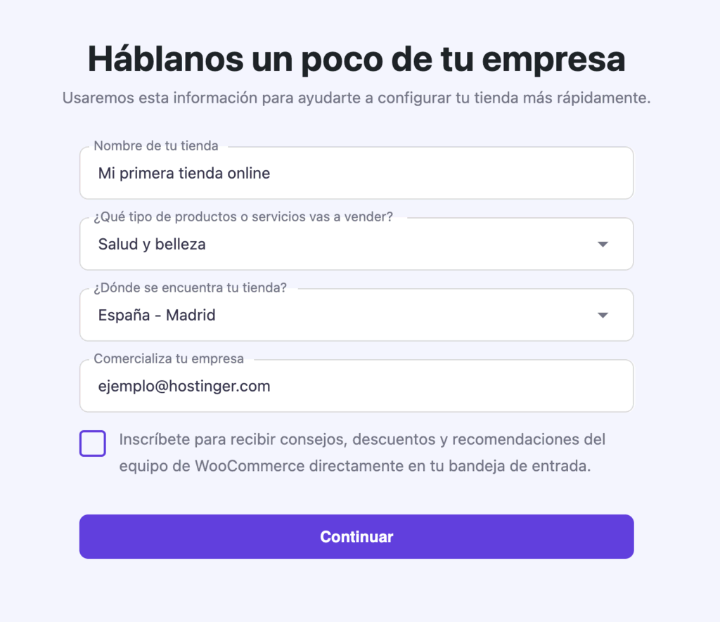 Asistente de configuración de WooCommerce