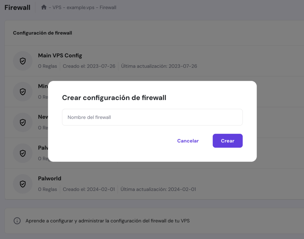 Crear configuración de firewall en hPanel