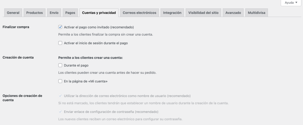 Cuentas y privacidad de WooCommerce