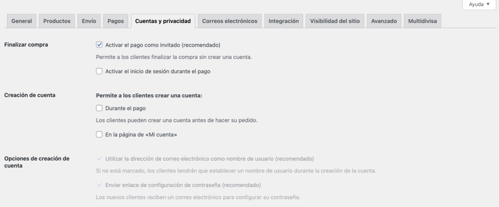 Cuentas y privacidad de WooCommerce