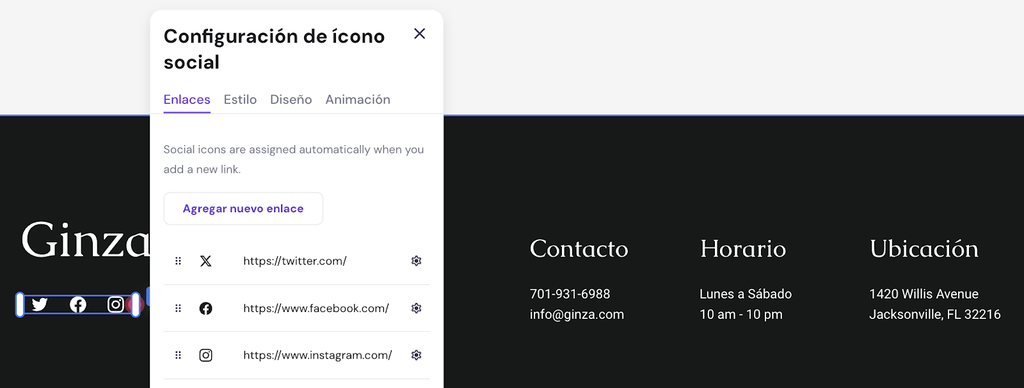 Configuraciones de los iconos de redes sociales en el Creador de Hostinger