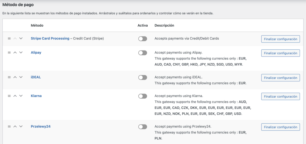 Sección de métodos de pago de WooCommerce