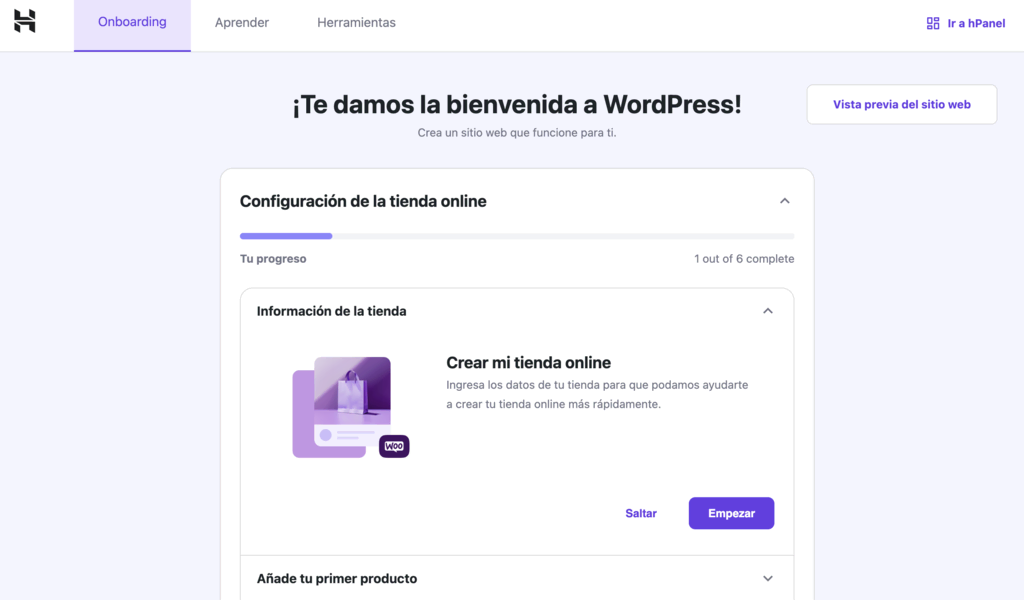 Onboarding de WooCommerce de Hostinger