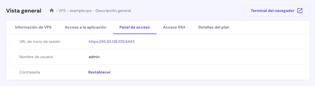 Panel de acceso de VPS en hPanel