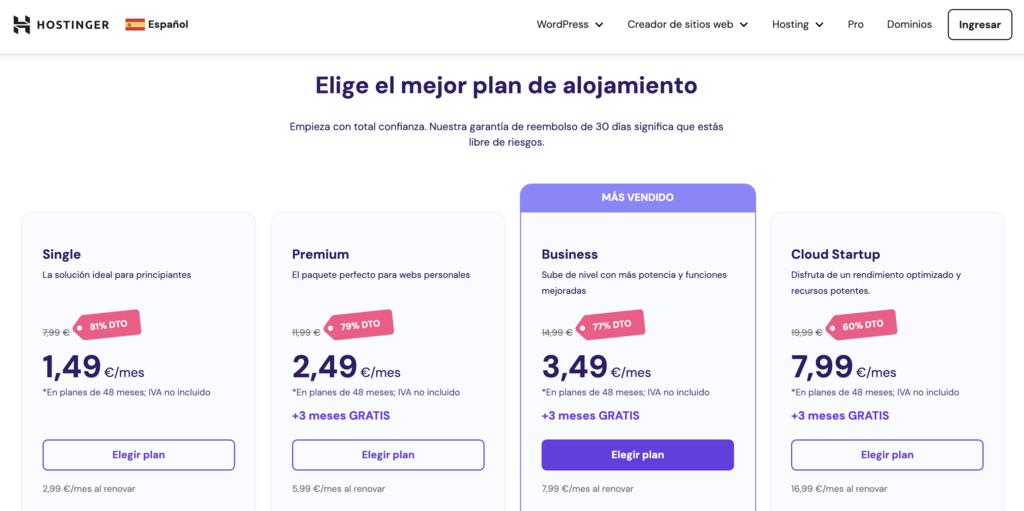 Planes de hosting de Hostinger 