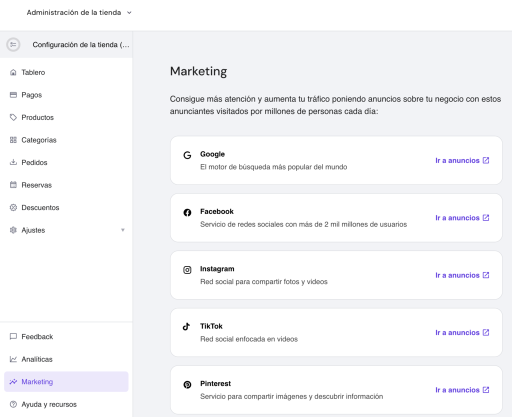 Sección de marketing del Creador de Hostinger