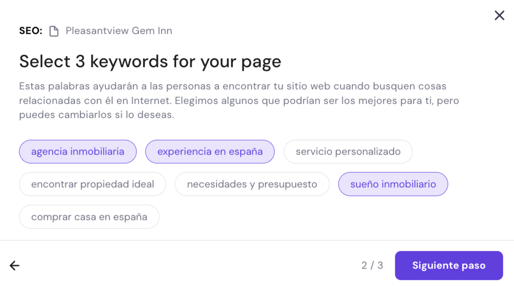 Sección de palabras clave del Creador de Hostinger