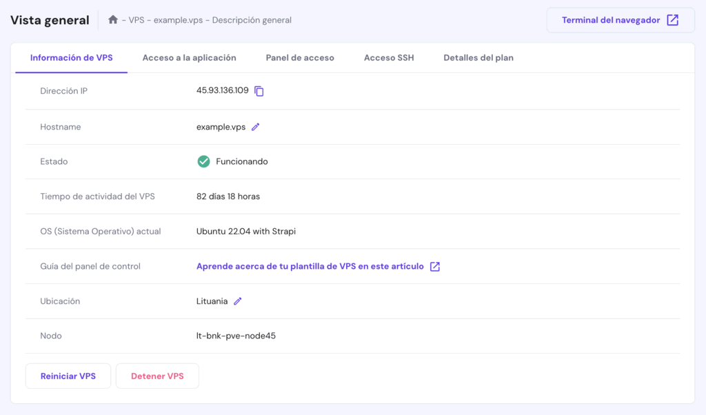 Vista general de VPS en hPanel