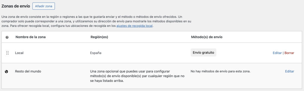 Zonas de envío de WooCommerce