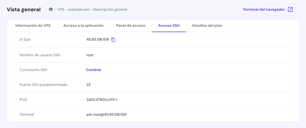 Sección de acceso SSH en hPanel