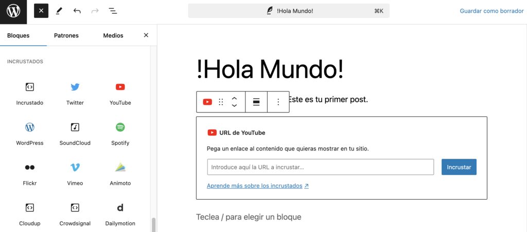 Bloques incrustados de WordPress