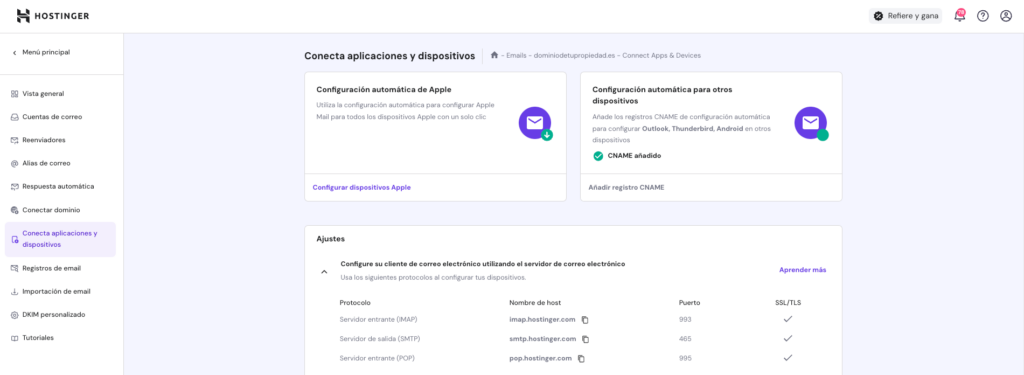 Conexión de aplicaciones en el correo de Hostinger