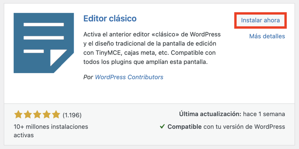 Plugin Editor clásico de WP