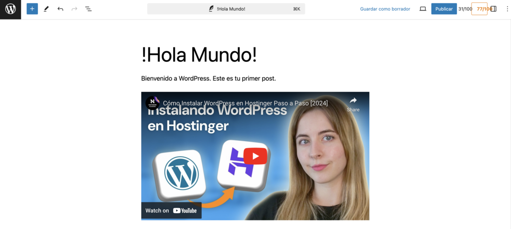 Ejemplo de incrustar video en el editor de WordPress