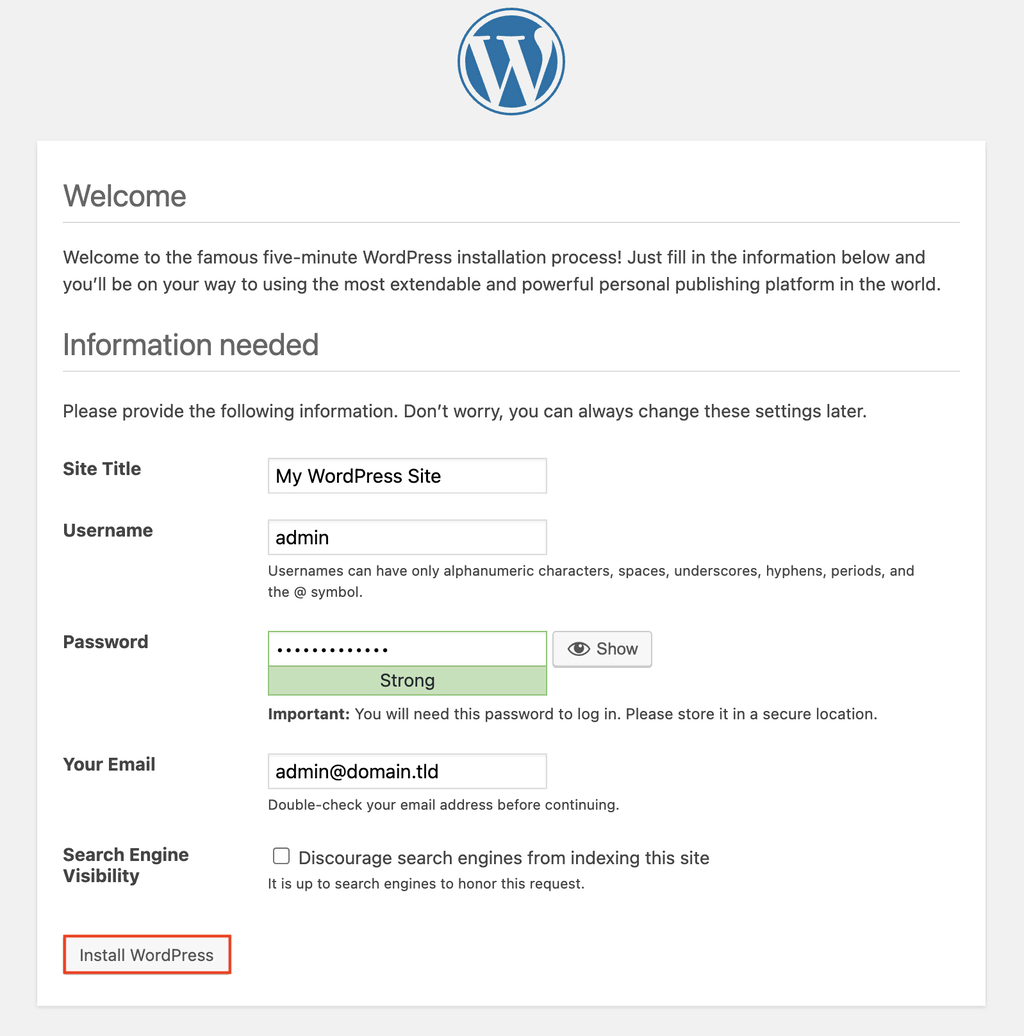 Página de ajustes iniciales de WordPress