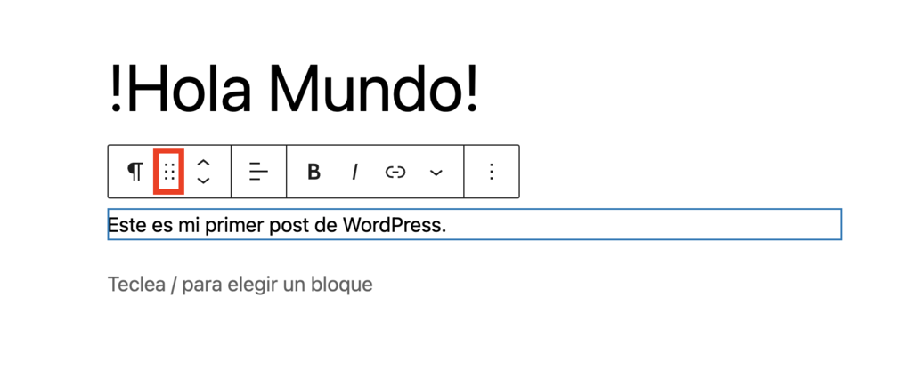 Opción de mover bloque en el editor de WordPress