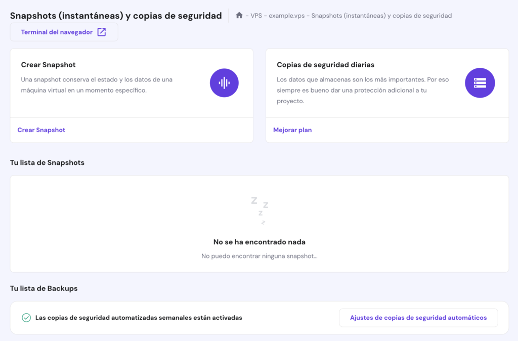 Sección de Respaldos y monitoreo en hPanel