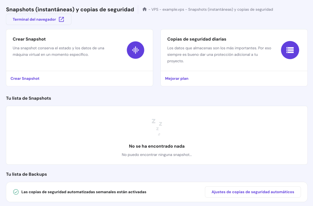 Sección de Respaldos y monitoreo en hPanel