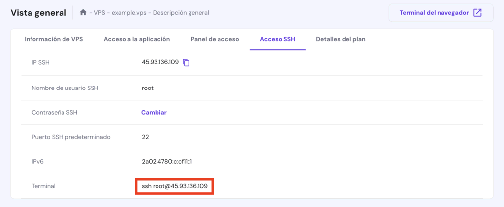 Vista general de VPS en hPanel