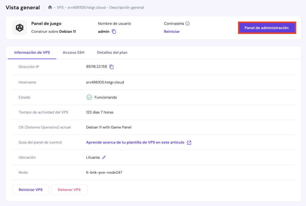 Vista general del VPS en hPanel