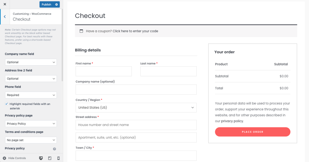 Página de checkout de Astra