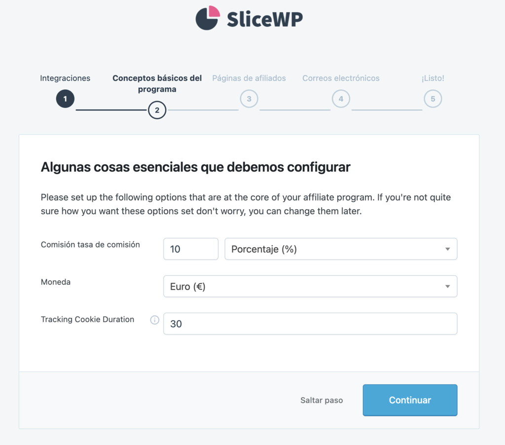 Asistente de ajustes iniciales de SliceWP