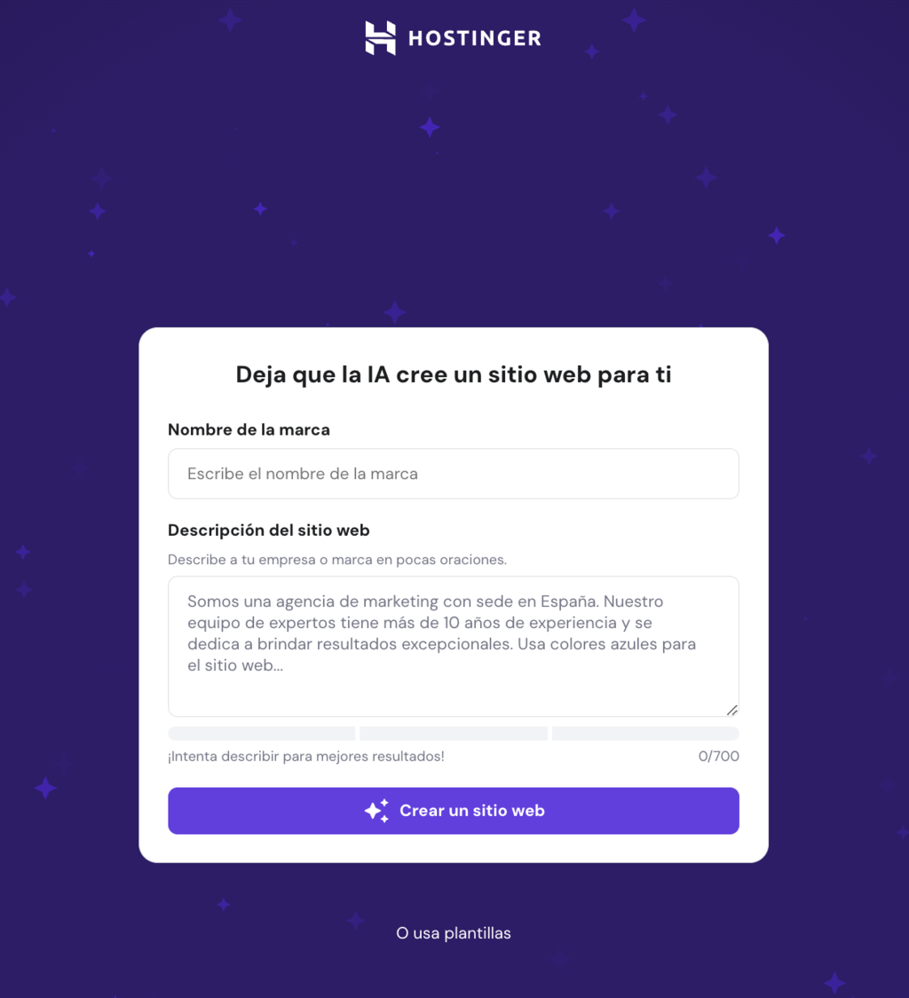 Asistente de creación web de hPanel