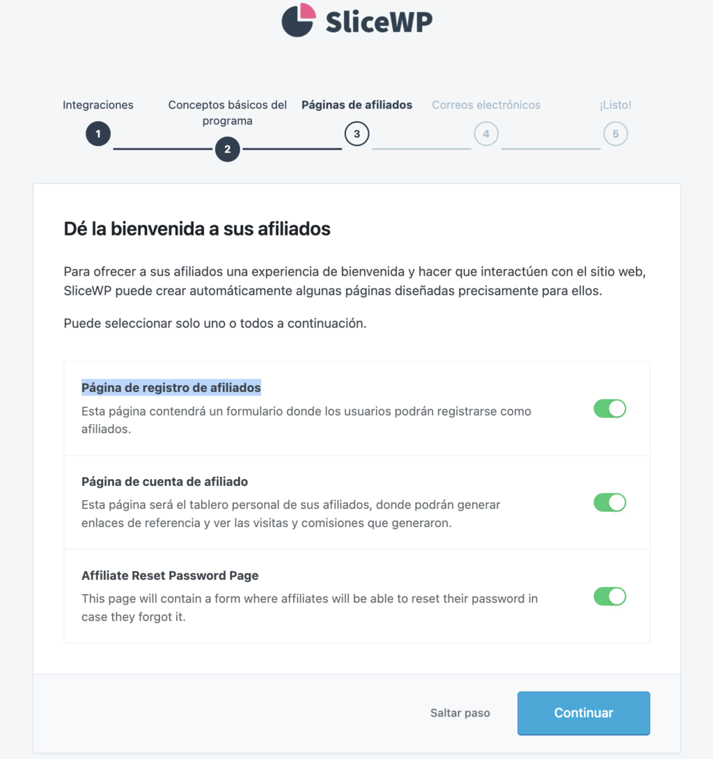 Asistente de ajustes iniciales de SliceWP