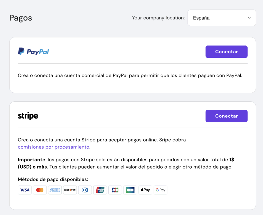 Sección de pagos en el Creador de Hostinger