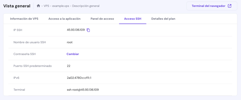 Vista general del VPS en hPanel