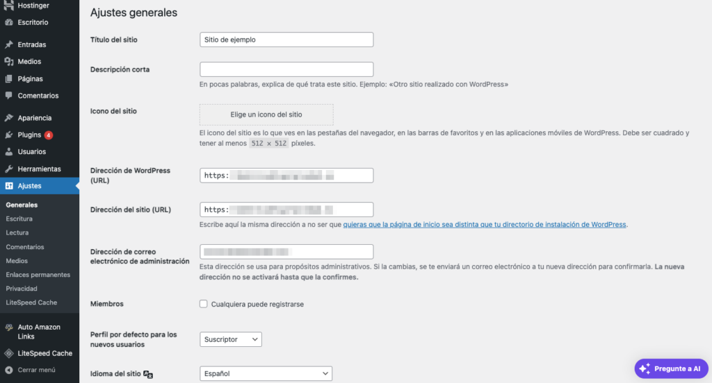 Ajustes del sitio web WordPress